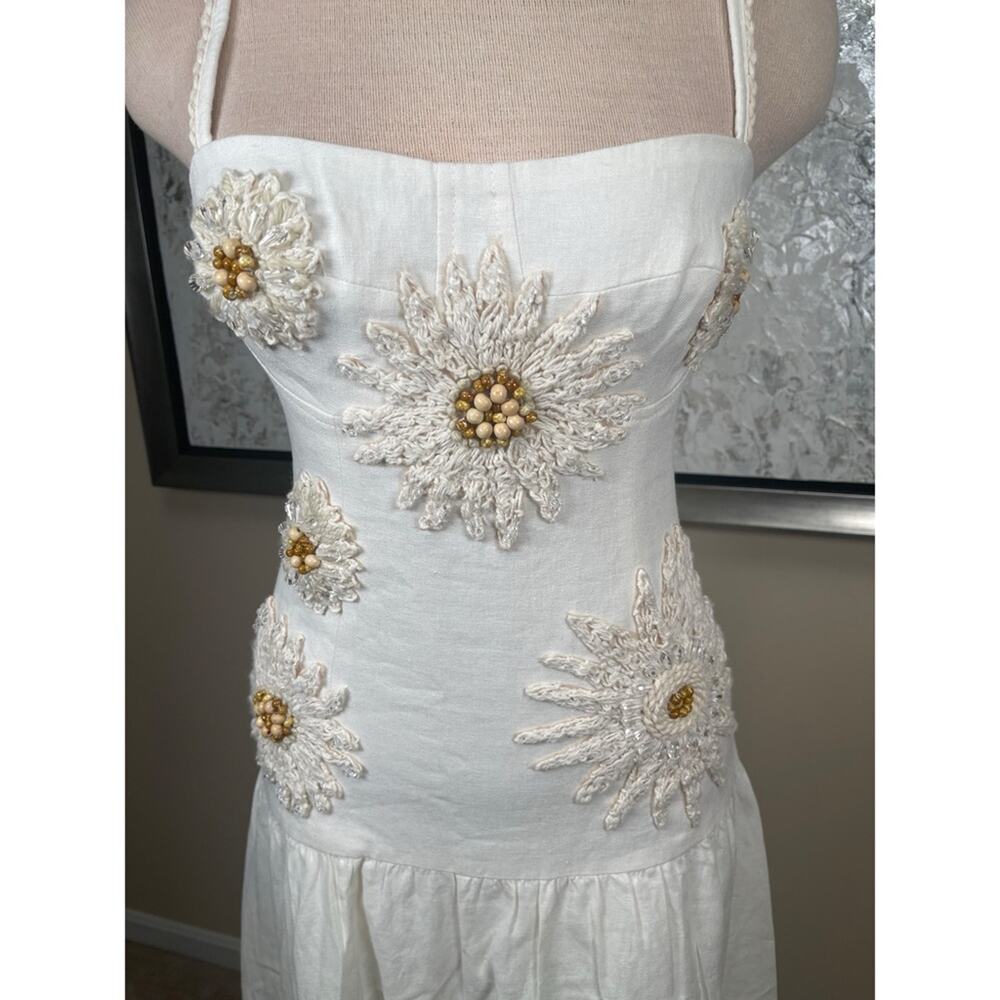 PATBO Tropic Linen Floral Beaded White Midi Dress Size 4 - Picture 4 of 8